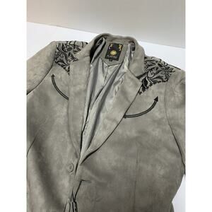 Platini Mens Large Gray Blazer Jacket Embroidered Tribal Design Western
